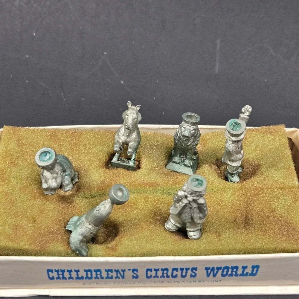 Vintage Lunt Pewter Children's Circus World Birthday Cake Candle Holders Set Box